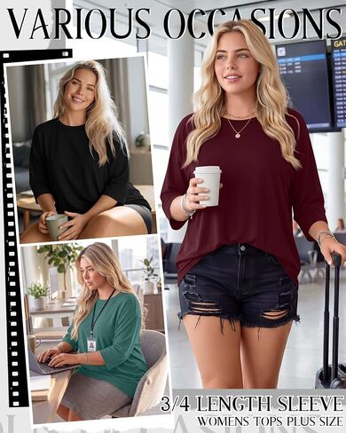 Locoowai 3 Pack Women Plus Size Tops 3/4 Sleeve Cotton Crew Neck Oversized T Shirts Loose Fit Tee Tunic Casual Blouse in Saudi Arabia