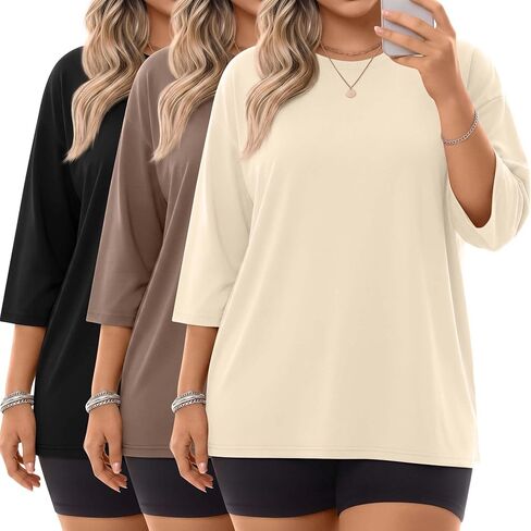 Locoowai 3 Pack Women Plus Size Tops 3/4 Sleeve Cotton Crew Neck Oversized T Shirts Loose Fit Tee Tunic Casual Blouse in Saudi Arabia