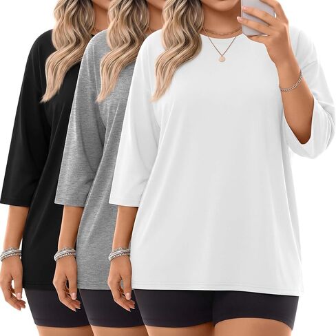 Locoowai 3 Pack Women Plus Size Tops 3/4 Sleeve Cotton Crew Neck Oversized T Shirts Loose Fit Tee Tunic Casual Blouse in Saudi Arabia