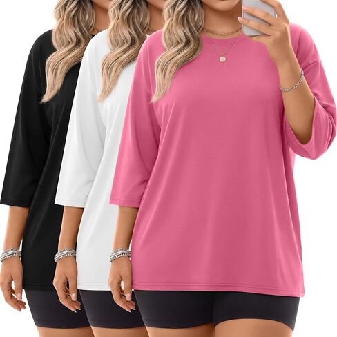 Locoowai 3 Pack Women Plus Size Tops 3/4 Sleeve Cotton Crew Neck Oversized T Shirts Loose Fit Tee Tunic Casual Blouse in Saudi Arabia