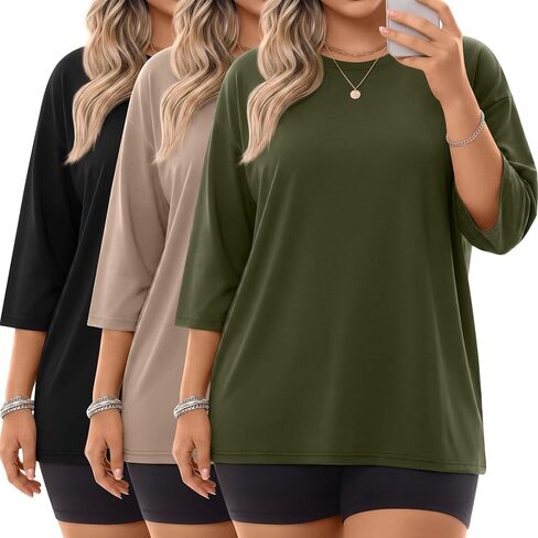 Locoowai 3 Pack Women Plus Size Tops 3/4 Sleeve Cotton Crew Neck Oversized T Shirts Loose Fit Tee Tunic Casual Blouse in Saudi Arabia