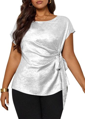 Beautife Womens Plus Size Short Sleeve Tops Metallic Crew Neck Twist Knot Tie Bow Glitter Blouses T-Shirts in Saudi Arabia