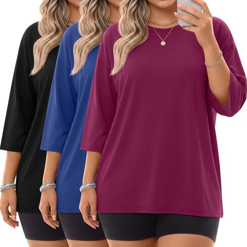 Locoowai 3 Pack Women Plus Size Tops 3/4 Sleeve Cotton Crew Neck Oversized T Shirts Loose Fit Tee Tunic Casual Blouse in Saudi Arabia