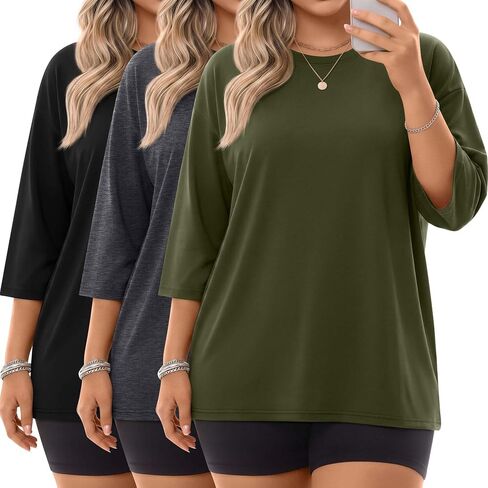 Locoowai 3 Pack Women Plus Size Tops 3/4 Sleeve Cotton Crew Neck Oversized T Shirts Loose Fit Tee Tunic Casual Blouse in Saudi Arabia