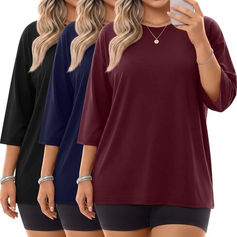Locoowai 3 Pack Women Plus Size Tops 3/4 Sleeve Cotton Crew Neck Oversized T Shirts Loose Fit Tee Tunic Casual Blouse in Saudi Arabia