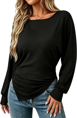 Remidoo Women's Asymmetric Hem Cinched Waist Top Ruched Long Sleeve Batwing Top Boat Neck T Shirt in Kuwait