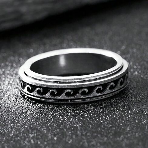 Wave Spinner Ring For Women, Summer Ocean Nautical Pattern Anti-Anxiety Fidget Two Tone Stainless Steel Jewelry Gift in Saudi Arabia