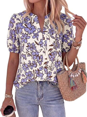 BTFBM Womens Tops 2026 Summer Casual Loose Puff Sleeve V Neck Floral Satin Work Blouse Dressy T Shirts Silk Tunics in Kuwait