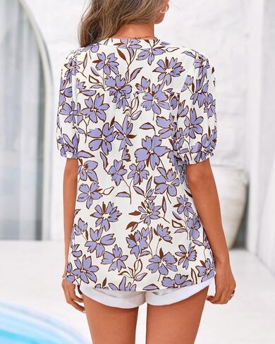 BTFBM Womens Tops 2026 Summer Casual Loose Puff Sleeve V Neck Floral Satin Work Blouse Dressy T Shirts Silk Tunics in Kuwait