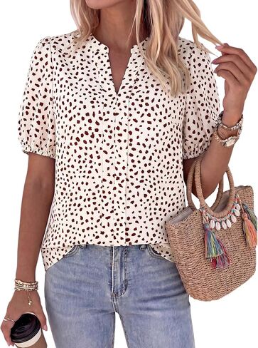 BTFBM Womens Tops 2026 Summer Casual Loose Puff Sleeve V Neck Floral Satin Work Blouse Dressy T Shirts Silk Tunics in Kuwait