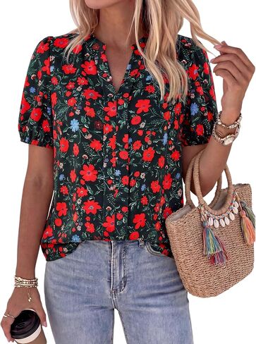 BTFBM Womens Tops 2026 Summer Casual Loose Puff Sleeve V Neck Floral Satin Work Blouse Dressy T Shirts Silk Tunics in Kuwait