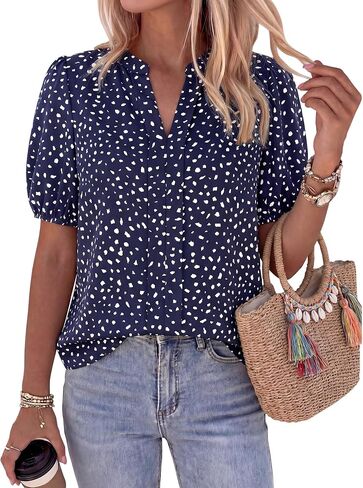 BTFBM Womens Tops 2026 Summer Casual Loose Puff Sleeve V Neck Floral Satin Work Blouse Dressy T Shirts Silk Tunics in Kuwait