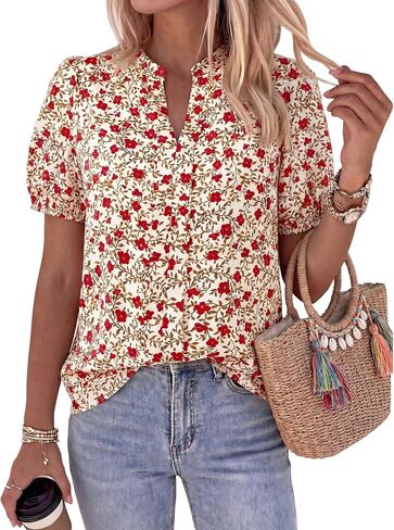 BTFBM Womens Tops 2026 Summer Casual Loose Puff Sleeve V Neck Floral Satin Work Blouse Dressy T Shirts Silk Tunics in Kuwait
