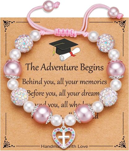 2026 Graduation Gifts Cross Bracelet Adjustable Pink Pearl Heart Beaded Cross Bracelet Graduation Gifts for Daughter Granddaughter Niece in Saudi Arabia