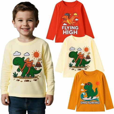 3 Pack Long Sleeve T-Shirts, Cute Dinosaur Adventure Print Casual Crew Neck Graphic Tees for Little Boys 2-7Y in Kuwait