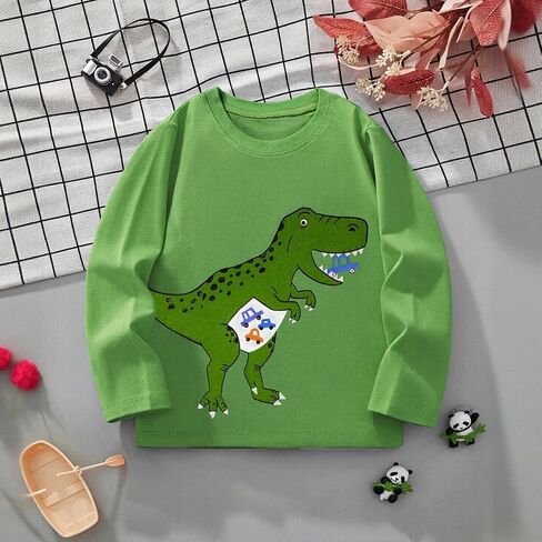 Boys' Long-Sleeved Cotton T-Shirt Spring and Autumn Style Dinosaur Print Casual Top 3-8 Years in Kuwait