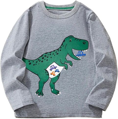 Boys' Long-Sleeved Cotton T-Shirt Spring and Autumn Style Dinosaur Print Casual Top 3-8 Years in Kuwait
