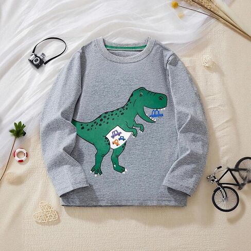 Boys' Long-Sleeved Cotton T-Shirt Spring and Autumn Style Dinosaur Print Casual Top 3-8 Years in Kuwait
