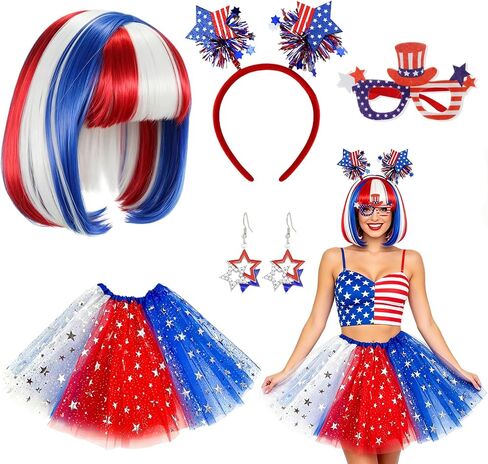 4th of July Costume for Women Red White and Blue Outfits Include Patriotic Bob Wig Tutu Headband Glasses Star Earrings for Independence Day Costume Halloween Cosplay Party in Saudi Arabia