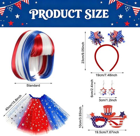 4th of July Costume for Women Red White and Blue Outfits Include Patriotic Bob Wig Tutu Headband Glasses Star Earrings for Independence Day Costume Halloween Cosplay Party in Saudi Arabia