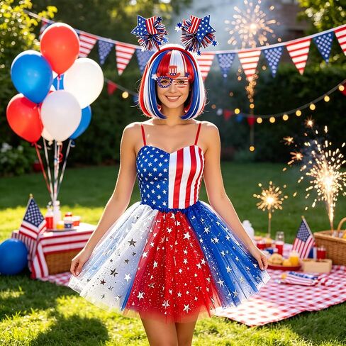 4th of July Costume for Women Red White and Blue Outfits Include Patriotic Bob Wig Tutu Headband Glasses Star Earrings for Independence Day Costume Halloween Cosplay Party in Saudi Arabia
