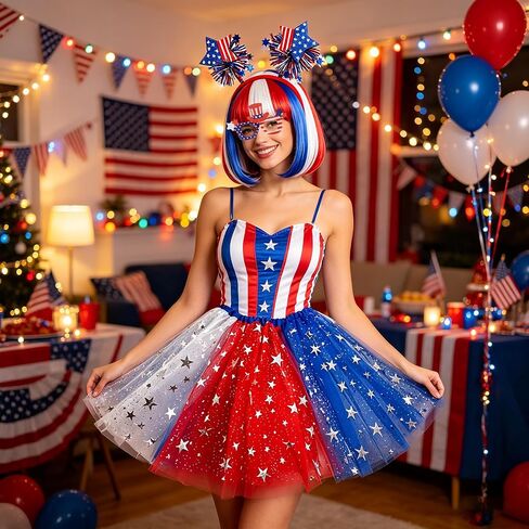 4th of July Costume for Women Red White and Blue Outfits Include Patriotic Bob Wig Tutu Headband Glasses Star Earrings for Independence Day Costume Halloween Cosplay Party in Saudi Arabia