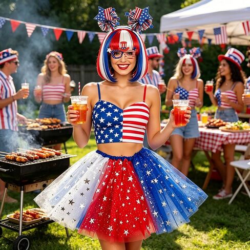 4th of July Costume for Women Red White and Blue Outfits Include Patriotic Bob Wig Tutu Headband Glasses Star Earrings for Independence Day Costume Halloween Cosplay Party in Saudi Arabia