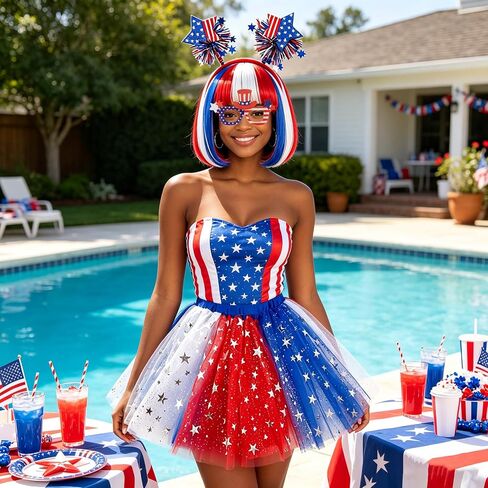 4th of July Costume for Women Red White and Blue Outfits Include Patriotic Bob Wig Tutu Headband Glasses Star Earrings for Independence Day Costume Halloween Cosplay Party in Saudi Arabia
