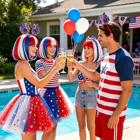 4th of July Costume for Women Red White and Blue Outfits Include Patriotic Bob Wig Tutu Headband Glasses Star Earrings for Independence Day Costume Halloween Cosplay Party in Saudi Arabia