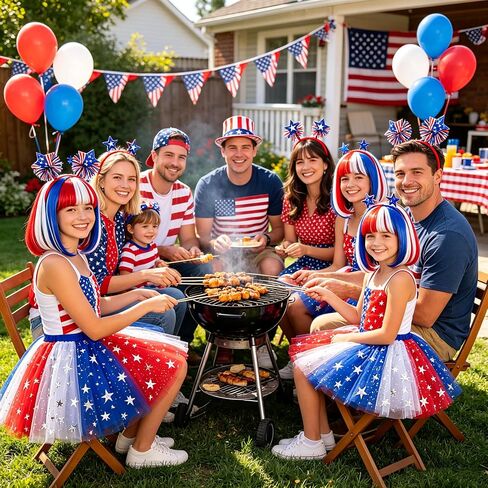 4th of July Costume for Women Red White and Blue Outfits Include Patriotic Bob Wig Tutu Headband Glasses Star Earrings for Independence Day Costume Halloween Cosplay Party in Saudi Arabia
