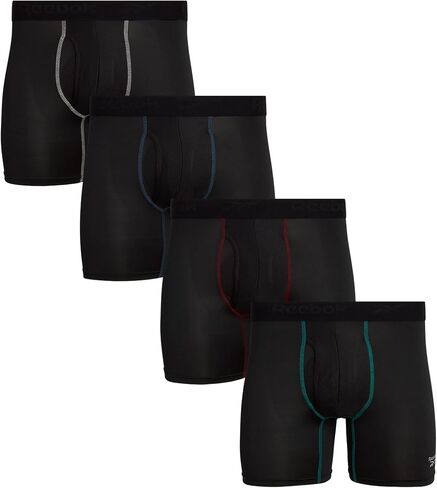Reebok Men's Boxer Briefs - 4 Pack Soft Performance Boxers for Men with Fly Pouch - Quick Dry Active Mens Underwear Pack S-XL, Size X-Large, Black Contrast in Kuwait