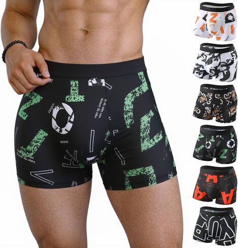 6PCS Mens Boxer Briefs Graphic Letter Print, Street Style Printed Underwear for Men, Fancy Graphic Soft Male Trunk Underwear in Kuwait