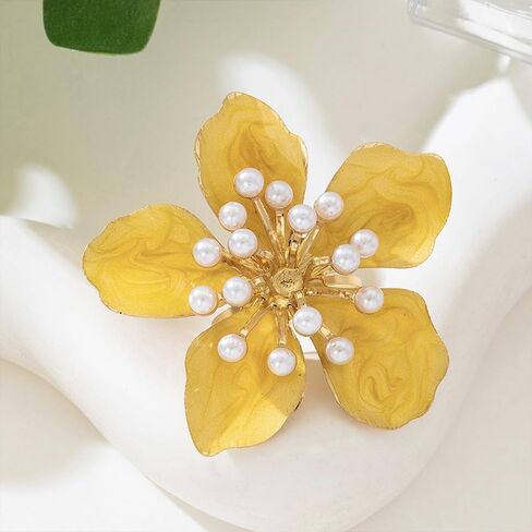 NewZenro Delicate Enamel Flower Pearl Large Adjustable Statement Ring for Women Gold-Tone Plated Dainty Exaggerated Floral Finger Band Open Rings Comfort Fit Wedding Holiday Party Fashion Jewelry in Kuwait