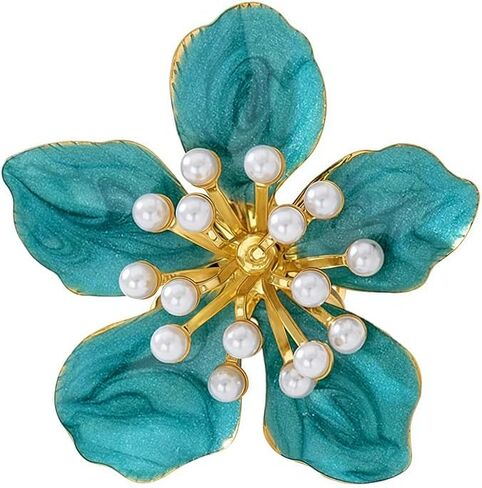 NewZenro Delicate Enamel Flower Pearl Large Adjustable Statement Ring for Women Gold-Tone Plated Dainty Exaggerated Floral Finger Band Open Rings Comfort Fit Wedding Holiday Party Fashion Jewelry in Kuwait