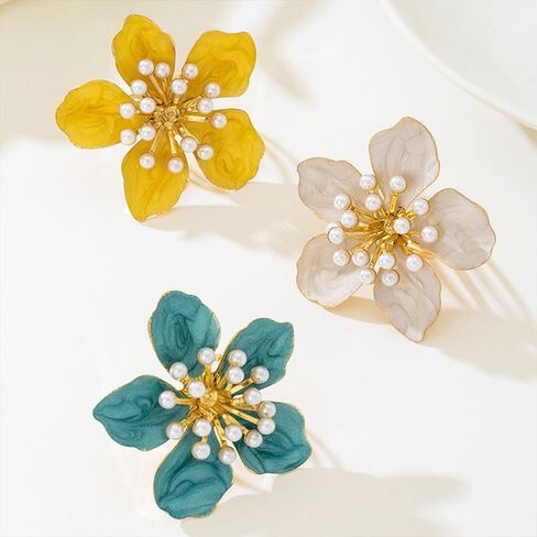NewZenro Delicate Enamel Flower Pearl Large Adjustable Statement Ring for Women Gold-Tone Plated Dainty Exaggerated Floral Finger Band Open Rings Comfort Fit Wedding Holiday Party Fashion Jewelry in Kuwait