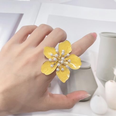 NewZenro Delicate Enamel Flower Pearl Large Adjustable Statement Ring for Women Gold-Tone Plated Dainty Exaggerated Floral Finger Band Open Rings Comfort Fit Wedding Holiday Party Fashion Jewelry in Kuwait