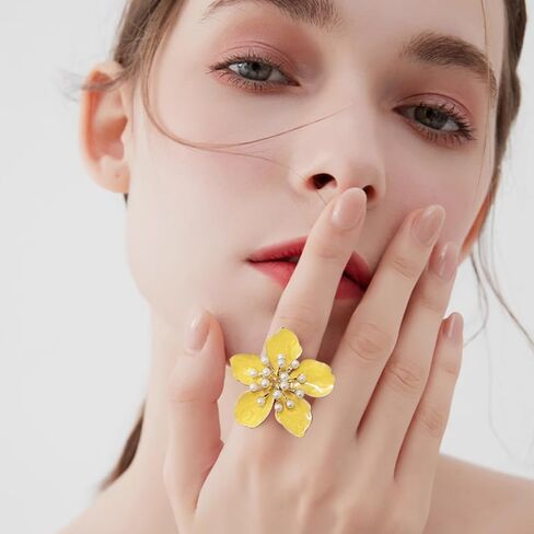 NewZenro Delicate Enamel Flower Pearl Large Adjustable Statement Ring for Women Gold-Tone Plated Dainty Exaggerated Floral Finger Band Open Rings Comfort Fit Wedding Holiday Party Fashion Jewelry in Kuwait
