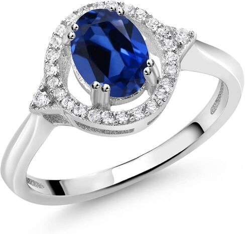 Gem Stone King 1.34 Cttw Blue Created Sapphire Ring For Women | 925 Sterling Silver | Oval 7X5MM | Wedding Engagement Anniversary Promise Ring For Women in Kuwait