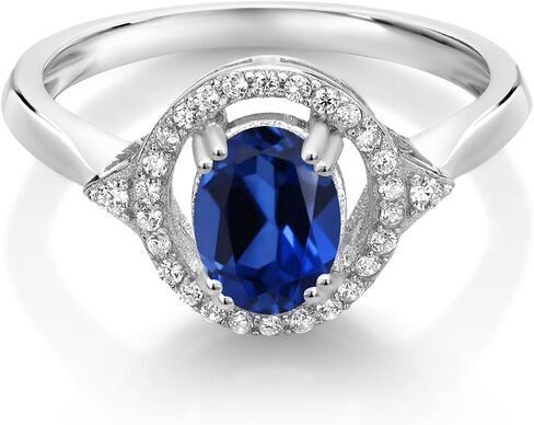Gem Stone King 1.34 Cttw Blue Created Sapphire Ring For Women | 925 Sterling Silver | Oval 7X5MM | Wedding Engagement Anniversary Promise Ring For Women in Kuwait
