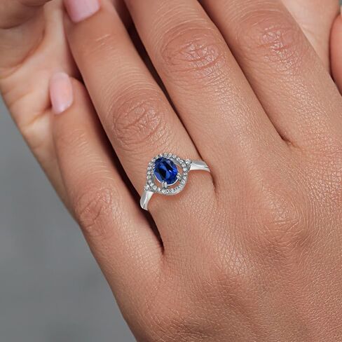 Gem Stone King 1.34 Cttw Blue Created Sapphire Ring For Women | 925 Sterling Silver | Oval 7X5MM | Wedding Engagement Anniversary Promise Ring For Women in Kuwait