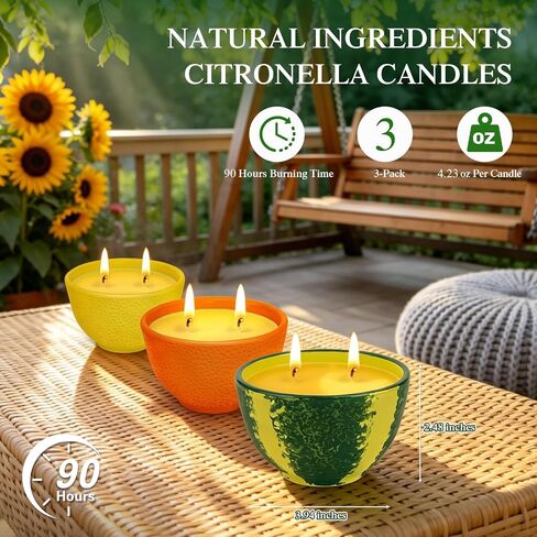 Citronella Candles Outdoor, Natural Soy Wax Candles for Patio, 3 Packs 90 Hours Long Burning Citronella Scented Candle Set for Home, Garden, Yard, Outdoor, Camping, Party, Indoor, 4.23oz Each, 2-Wick in Saudi Arabia