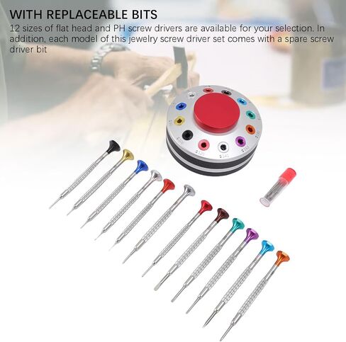 12PCS Watchmakers Screw Driver Set with on Rotating Stand & Stainless Steel Flat PH Head, Accurate Suitable for Watch Repair Eyewear Jewelry in Saudi Arabia