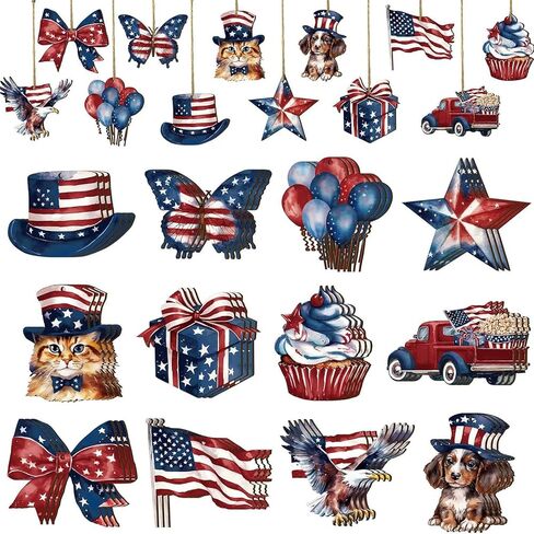 4th of July Hanging Ornaments, 24Pcs Patriotic Tree Decorations, American Flag Stars Dog Cat Balloon Ornaments for Independence Day Memorial Day Party Decor (Red White Blue, One Size) in Saudi Arabia