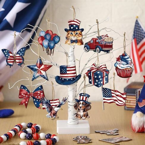 4th of July Hanging Ornaments, 24Pcs Patriotic Tree Decorations, American Flag Stars Dog Cat Balloon Ornaments for Independence Day Memorial Day Party Decor (Red White Blue, One Size) in Saudi Arabia
