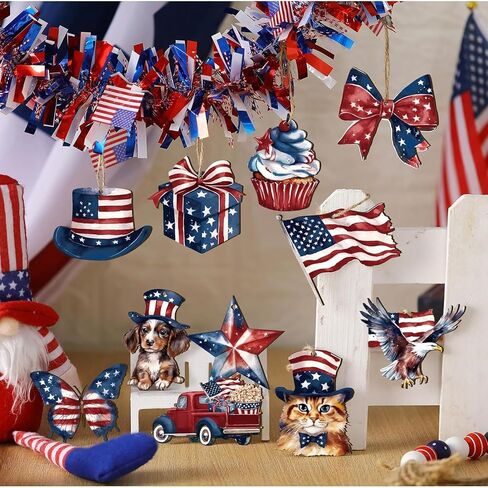 4th of July Hanging Ornaments, 24Pcs Patriotic Tree Decorations, American Flag Stars Dog Cat Balloon Ornaments for Independence Day Memorial Day Party Decor (Red White Blue, One Size) in Saudi Arabia
