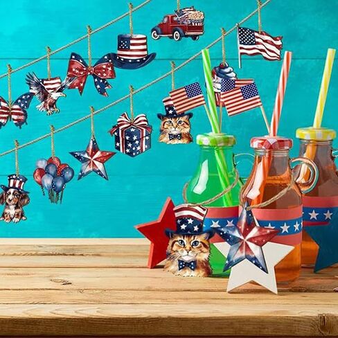 4th of July Hanging Ornaments, 24Pcs Patriotic Tree Decorations, American Flag Stars Dog Cat Balloon Ornaments for Independence Day Memorial Day Party Decor (Red White Blue, One Size) in Saudi Arabia