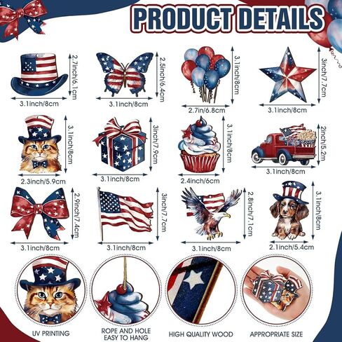 4th of July Hanging Ornaments, 24Pcs Patriotic Tree Decorations, American Flag Stars Dog Cat Balloon Ornaments for Independence Day Memorial Day Party Decor (Red White Blue, One Size) in Saudi Arabia