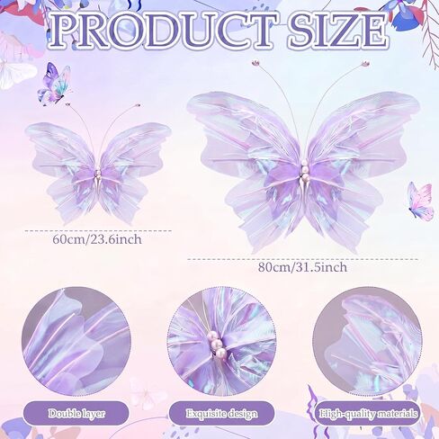 Yinder 4 Pcs 32 in 24 in Extra Lagre Holographic Purple Butterfly Decorations Mariposas Grandes para Decoracion Giant 3D Butterfly Party Decor for Baby Shower Wedding Photography Birthday Decor in Kuwait