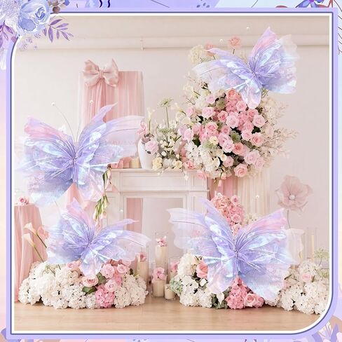 Yinder 4 Pcs 32 in 24 in Extra Lagre Holographic Purple Butterfly Decorations Mariposas Grandes para Decoracion Giant 3D Butterfly Party Decor for Baby Shower Wedding Photography Birthday Decor in Kuwait