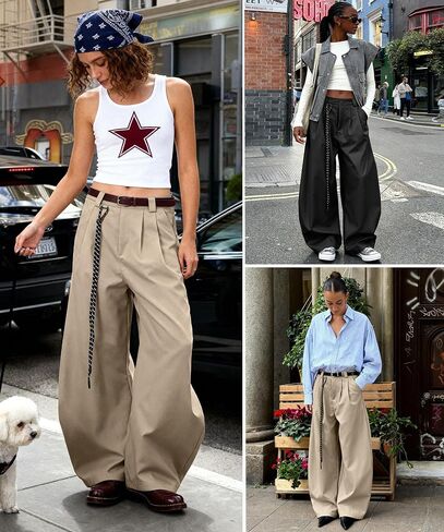 Bakyarder Women’s Mid Rise Barrel Leg Pants Baggy Casual Trousers Pleated Loose Fit Wide Leg Streetwear Pants in Saudi Arabia